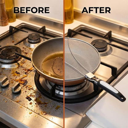 11 Inch Stainless Steel Grease Splatter Screen, Fine Mesh Splash Guard with Adjustable Non Slip Handle, Oil Splash Cover for Frying Pan Skillet Cooking Pot