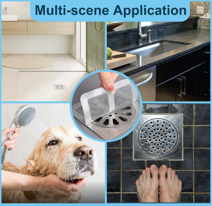 30 Pack Disposable Shower Drain Hair Catcher Mesh Stickers 4"x4" Strong Adhesive Mesh Covers for Bathroom, Kitchen & Laundry Waterproof Hair Trap Easy Apply & Remove