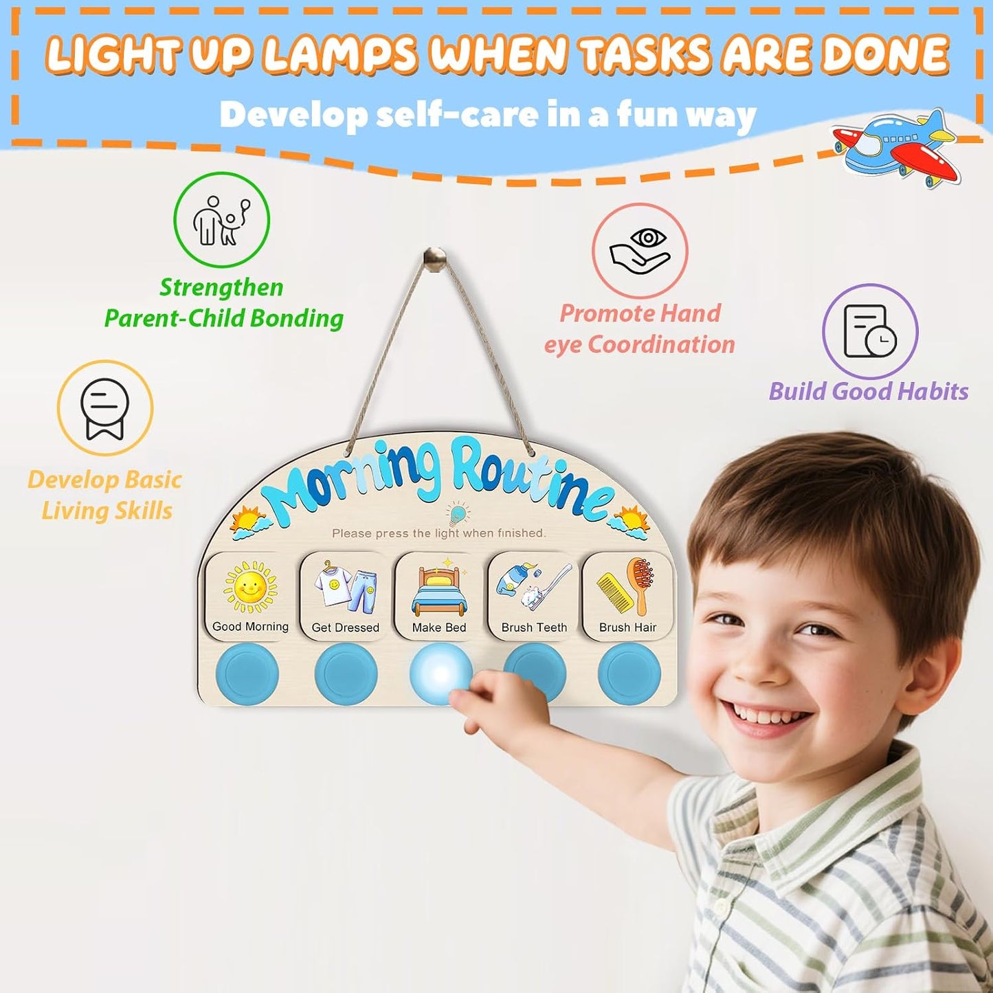 Upgraded Morning Routine Chart for Toddlers, Visual Schedule Chart | to Do List with 5 Tap Lights & 9 Activity Cards, Wooden Schedule Board for Kids, Preschoolers, Autism, ADHD Tools
