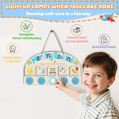Upgraded Morning Routine Chart for Toddlers, Visual Schedule Chart | to Do List with 5 Tap Lights & 9 Activity Cards, Wooden Schedule Board for Kids, Preschoolers, Autism, ADHD Tools