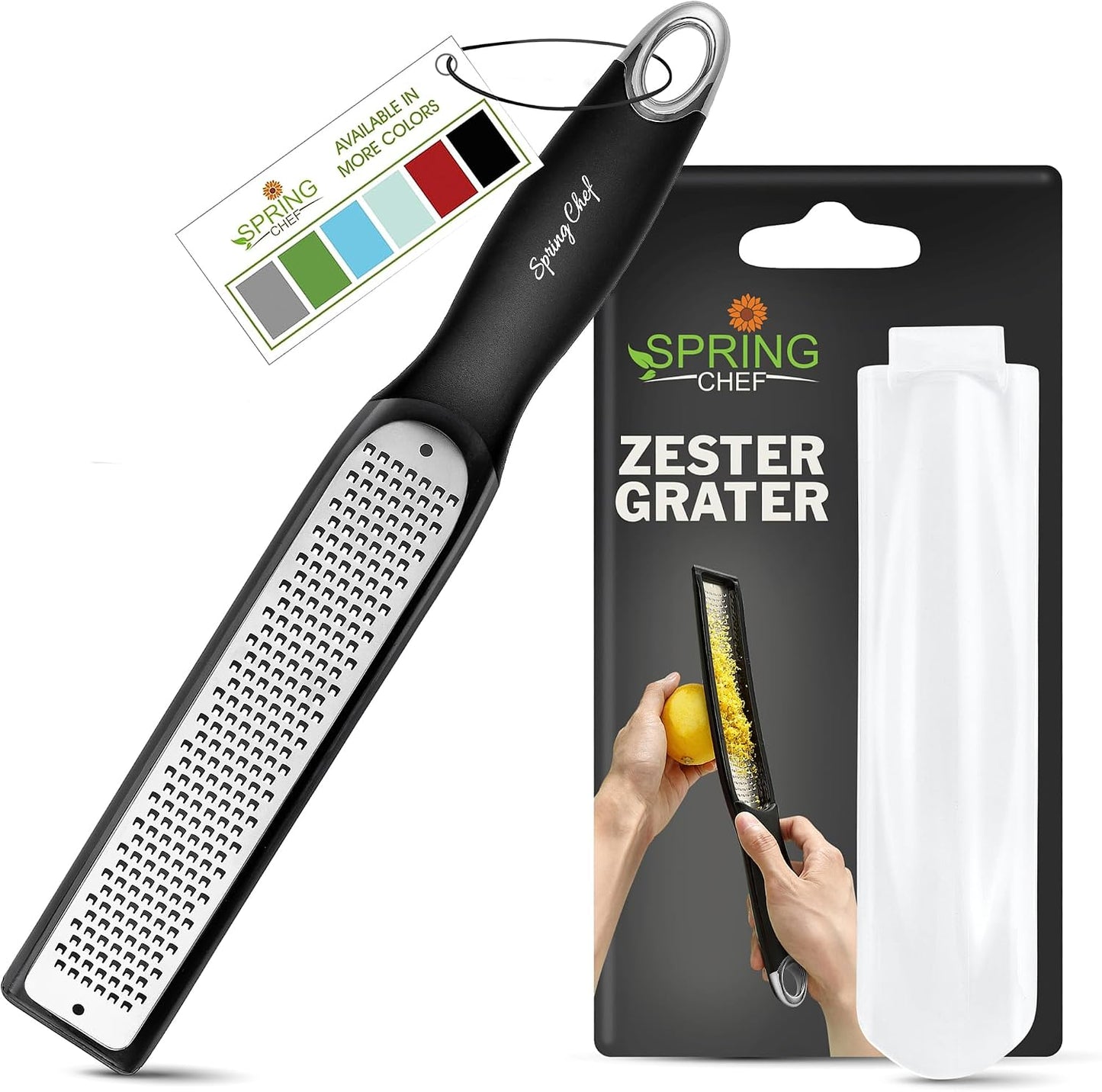 Spring Chef Stainless Steel Lemon Zester - Garlic & Ginger Grater - Gray | Premium Zester with Blade Cover, Cheese Grater with Handle for Parmesan, Nutmeg, Lime - Durable Citrus Zester, Fine Shred