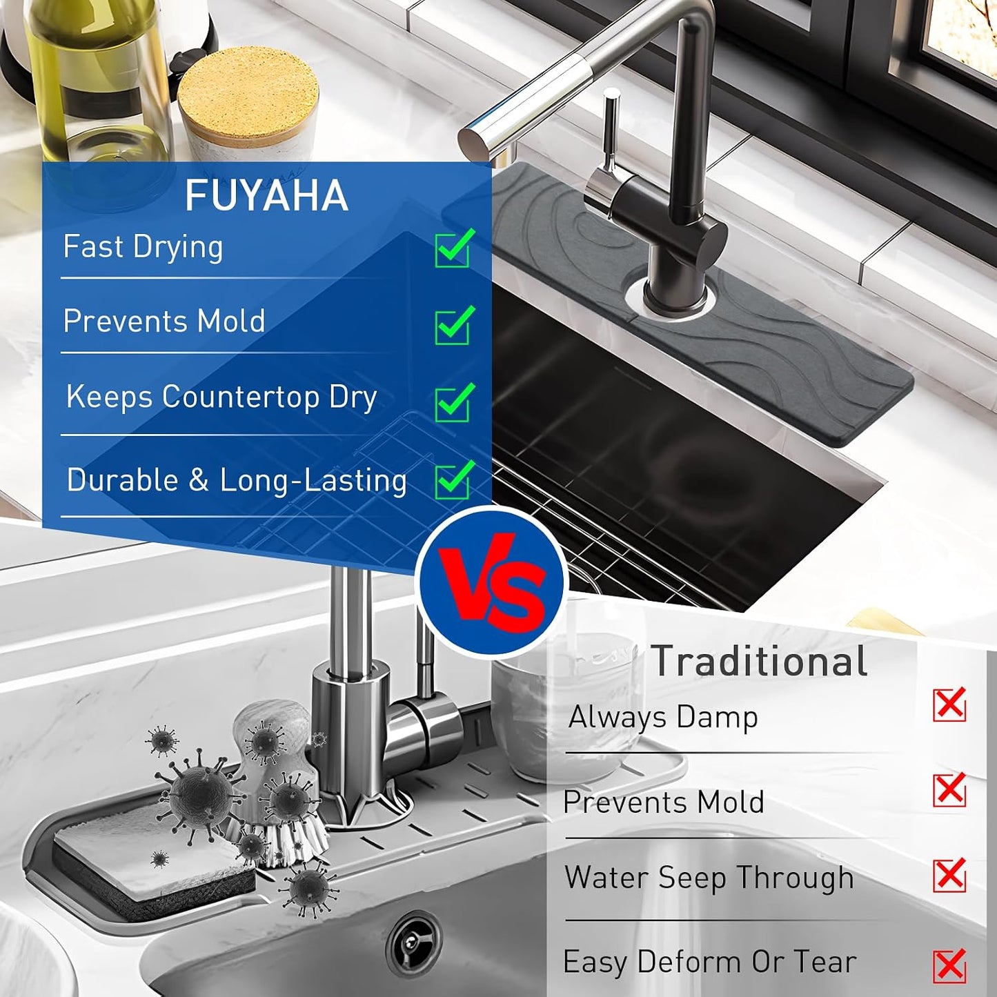 2 Pcs Faucet Mat for Kitchen Sink 15.74”×3.94” Diatomite Quick Dry Sink Splash Guard Absorbent Kitchen Stone Sink Tray Faucet Splash Guard for Bathroom Counter