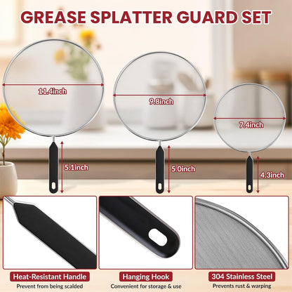 5 Pack Splatter Guard Set(13", 12.6",11.5", 9.8", 7.4"), Silicone & Stainless Steel Splatter Guard for Frying, Splatter Screen for Frying Pan, Grease Splatter Guard for Cooking