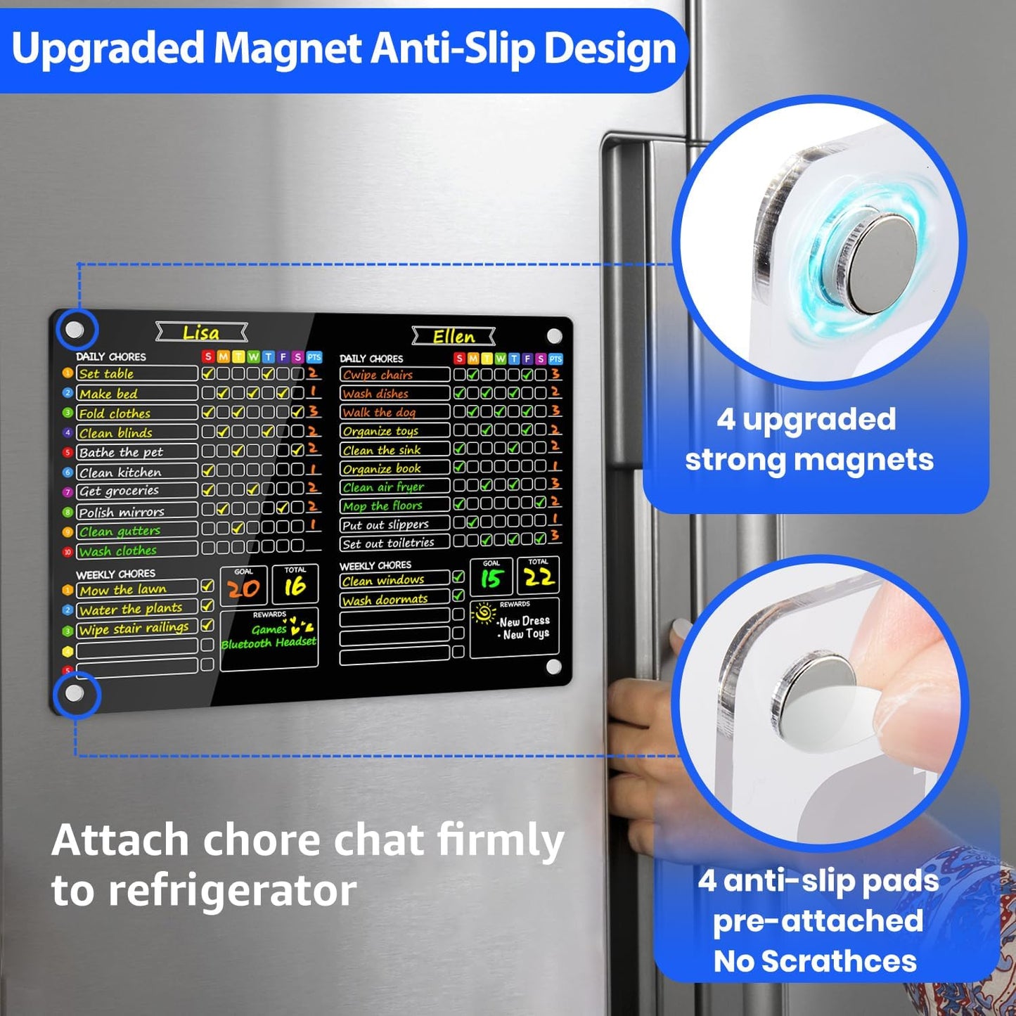 PigPotParty 2-in-1 Acrylic Magnetic Chore Chart for 2 Kids, Large 16x12 in | Clear Dry Erase Fridge Chore Board for Teens, Roommates; Vibrant Layout; Embedded Magnets; 12 Wet-Erase Markers and Towel