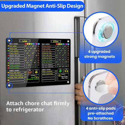 PigPotParty 2-in-1 Acrylic Magnetic Chore Chart for 2 Kids, Large 16x12 in | Clear Dry Erase Fridge Chore Board for Teens, Roommates; Vibrant Layout; Embedded Magnets; 12 Wet-Erase Markers and Towel