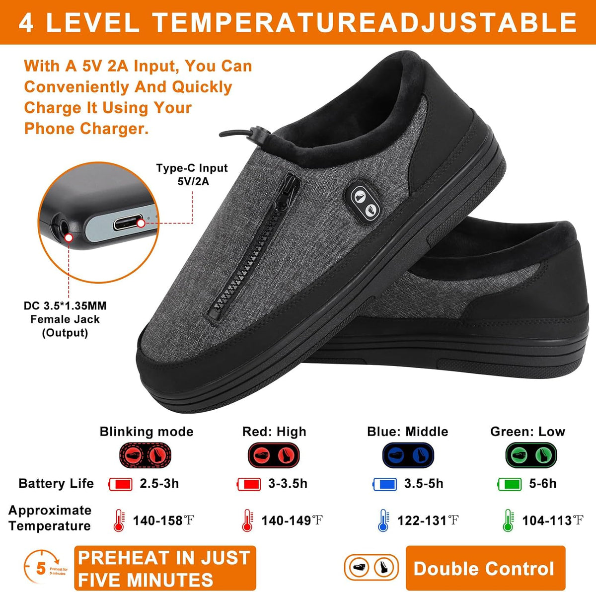 Heated Slippers, Kamlif 4 Heating Levels Cordless Foot Warmers for Cold Feet, Cold Weather Cozy Slippers Warm-up Shoes Indoor House Shoes Outdoor Camping with 5000mAh Rechargeable Battery