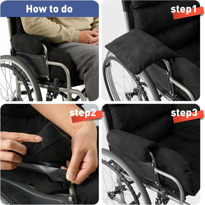 Wheelchair Seat Cushion with Integrated 11 Inch Short Armrest Pads, Comfort & Pressure Relief, All-in-One Support Coccyx & Back Insert (Black)