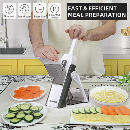 Jonscook All-in-1 Safe Mandoline Slicer for Kitchen, Vegetable Slicer with Container, Adjustable Veggie Mandoline, French Fry Cutter, Potato/Tomato/Onion Slicer, Grater/Cleaning Brush (Black Knight)