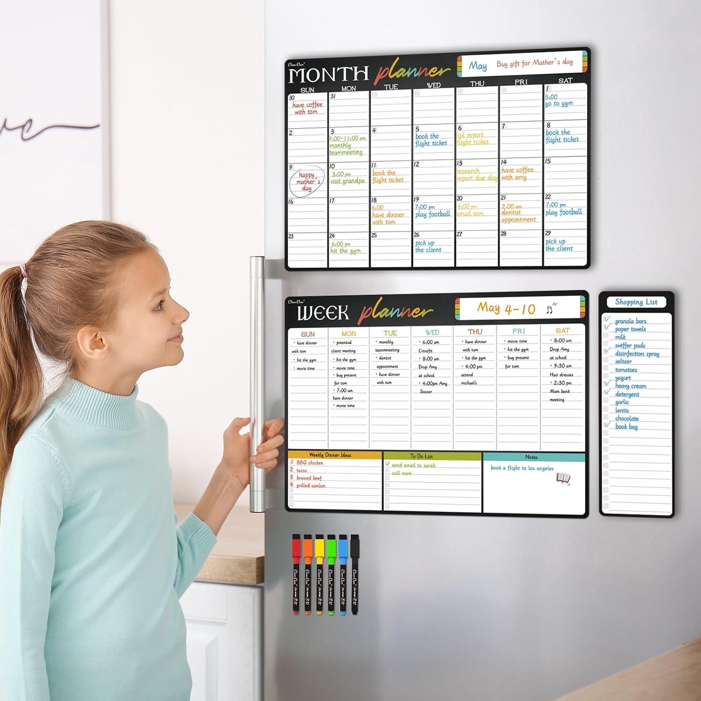 Magnetic Dry Erase Monthly Calendar Set - 15.5"x13" Monthly and 8.5"x13" Weekly Calendar for Fridge - 6 Extra Fine Point Markers Included - Shipped Flat