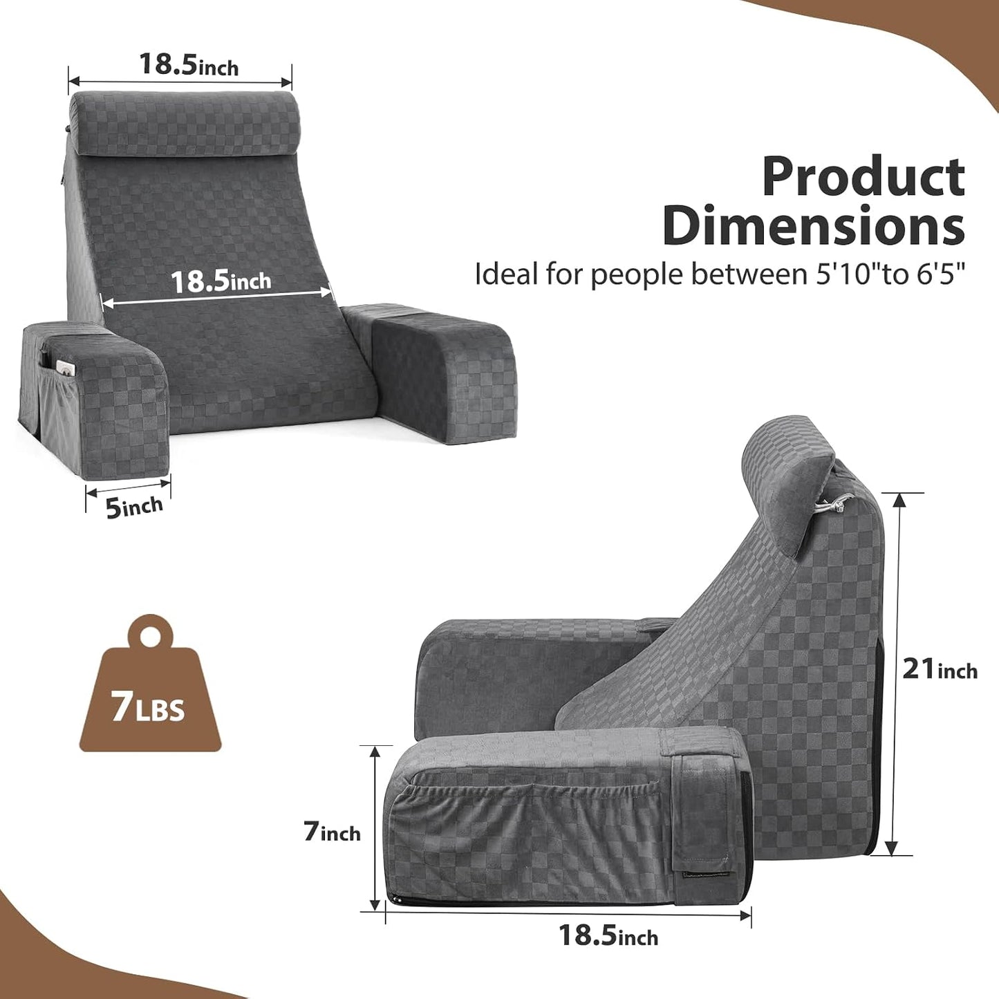 Vekkia 19'' Reading Pillow for Adults with XL Side Pockets, Adjustable Arms | 45° Back Support Chair for Sitting in Bed, Washable Cover, Perfect for Gaming, Watching TV, Relaxing, or Recovery, Gift Idea