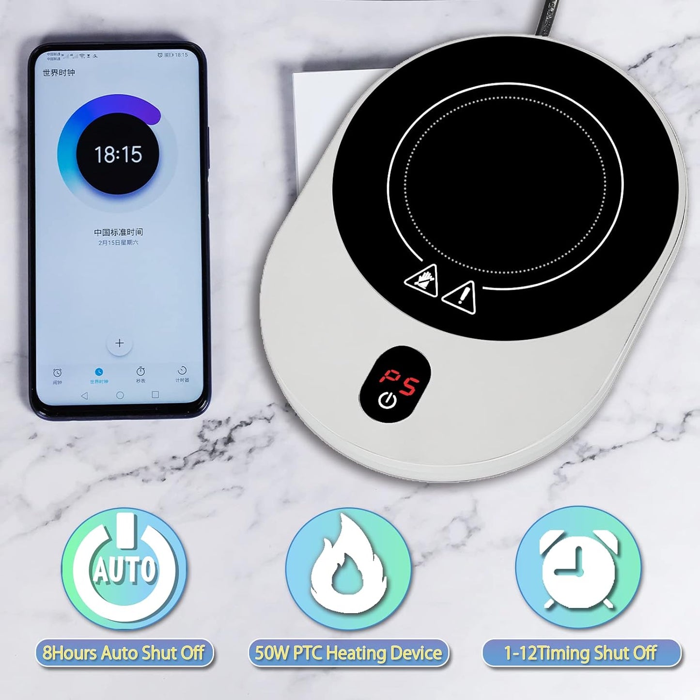 50W Mug/Candle Warmer, Smart Coffee Warmer for Desk, 5 Temp Levels & 1-12H Timing Auto Shut Off, Enlarged Heating Plate Suitable for Most Cups, Gift for Your Friends and Family