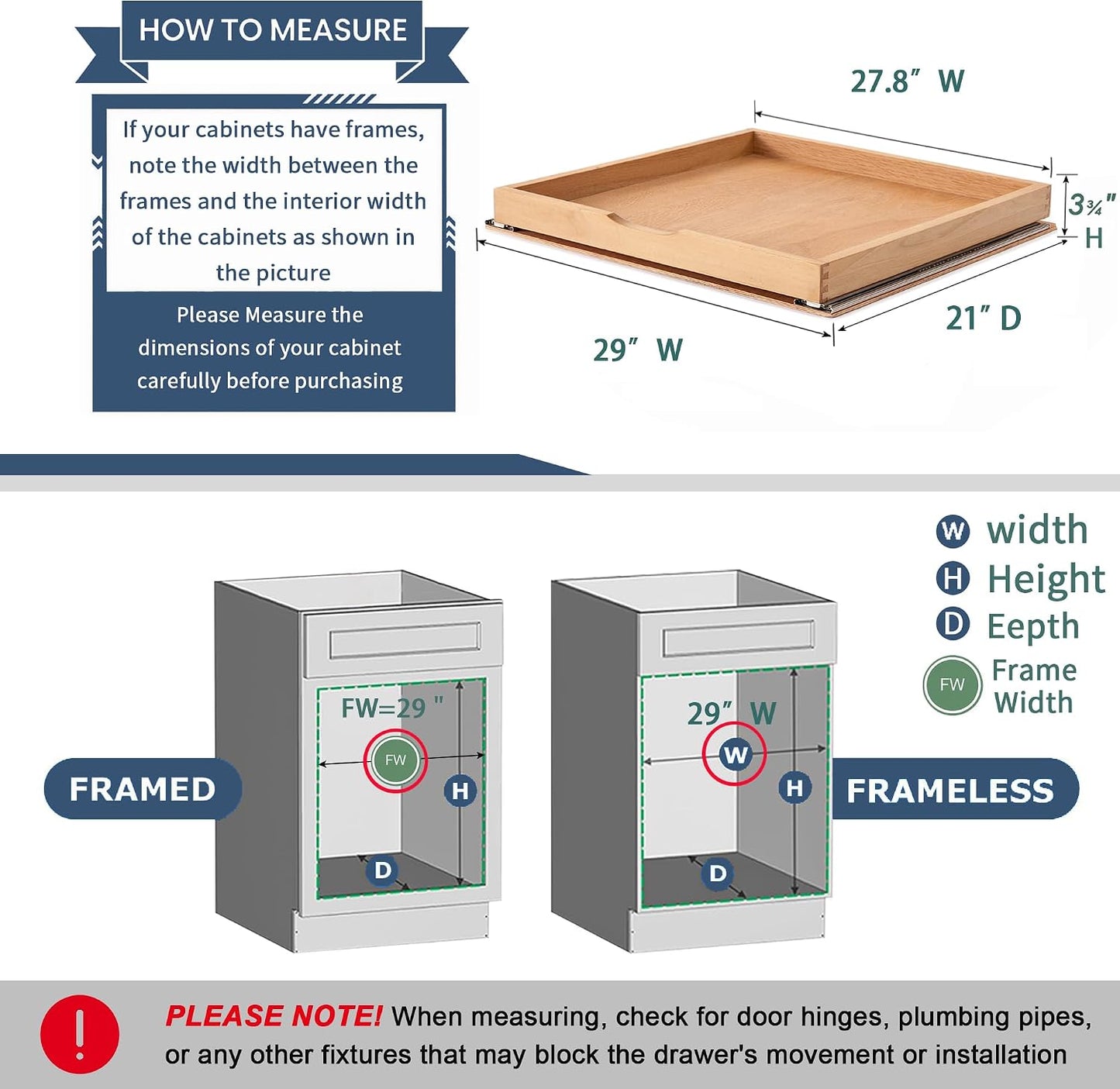 Pull Out Cabinet Drawers - 9x2 Size Options (10-29'W,18-21'D), Pre-Assembled with Soft Close Slides, Solid Beechwood, Easy Installation(10'W x 18'D)