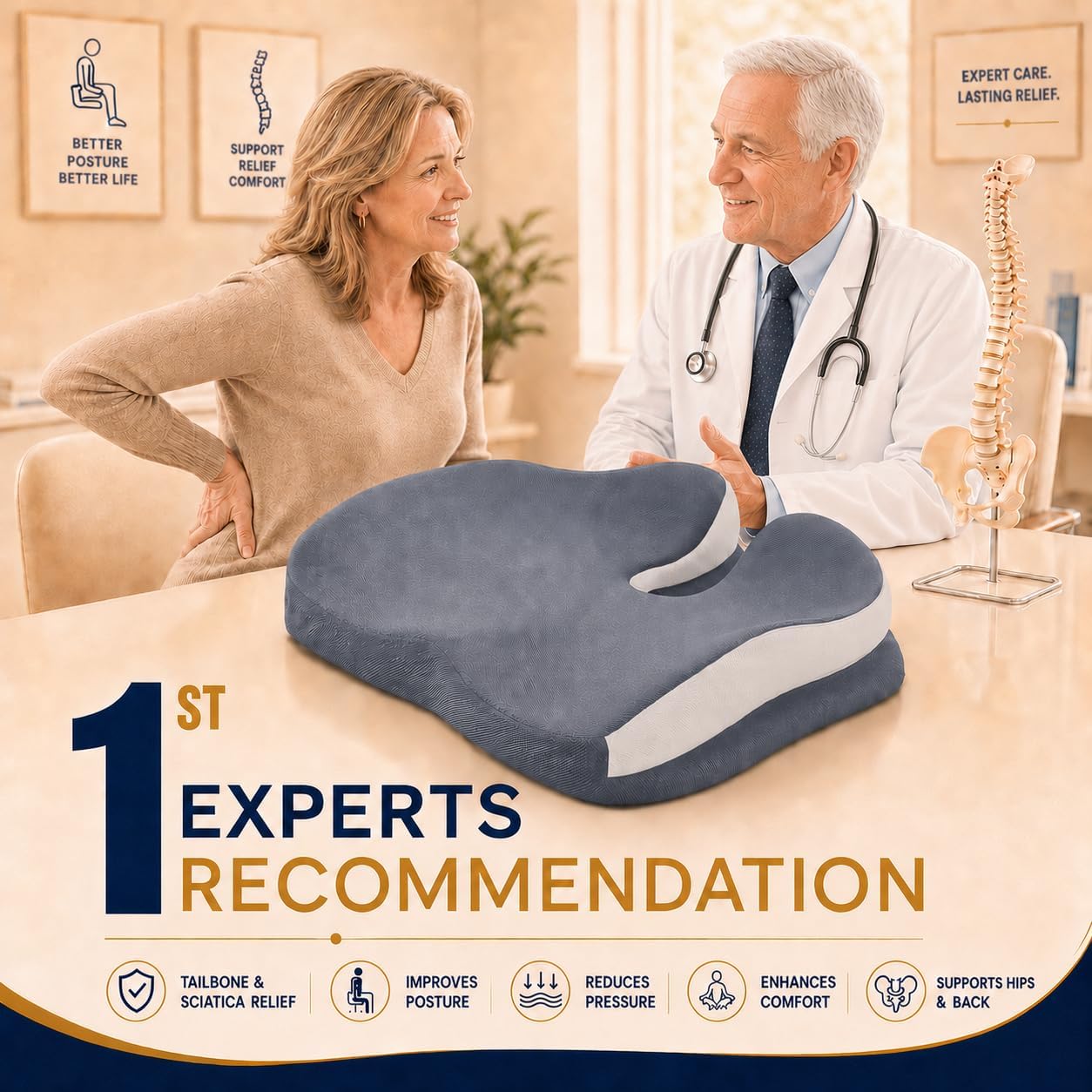 Memory Foam Ergonomic Seat Cushion for Office Chairs Pain Relief | Suitable for prolonged sitting, relieves tailbone pain, fits office chairs, wheelchairs, car seats and computer desk chairs