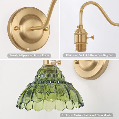 Shenmoyl Battery Operated Wall Sconce Wall Lamp with Green Lily of the Valley Shade Pattern Glass Adjustable Chain Retro Gold Wall Mounted Light, Modern Wall Lamp Fixtures Decor for Bedside Bedroom