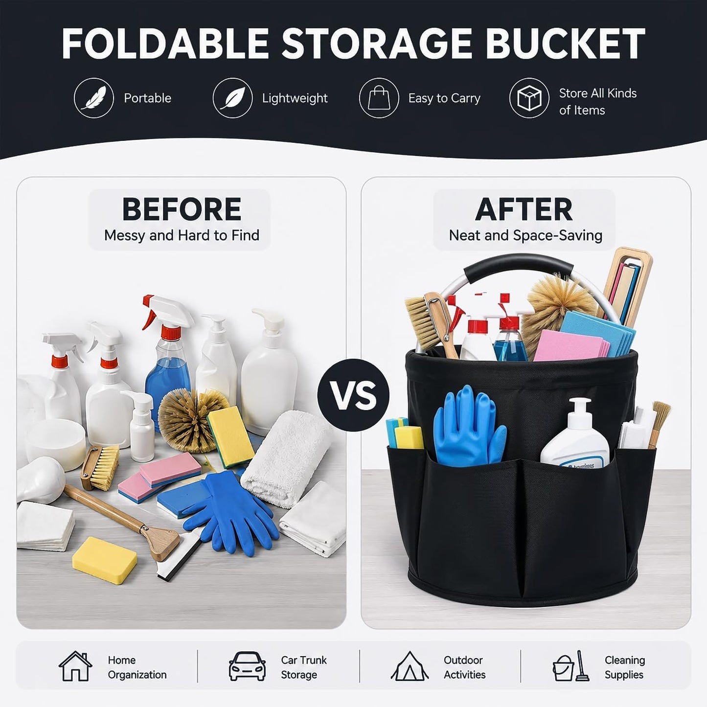 Cleaning Caddy with Handle, 17L Foldable Storage Basket, Heavy Duty 600D Oxford Cloth Organizer, Portable Supply Bag, Multi-Purpose Supplies Caddy for Home, Bathroom, Kitchen, Garden - Black