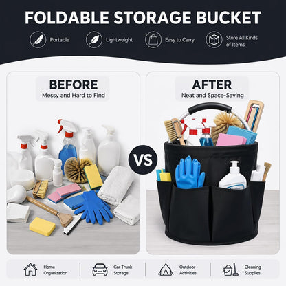Cleaning Caddy with Handle, 17L Foldable Storage Basket, Heavy Duty 600D Oxford Cloth Organizer, Portable Supply Bag, Multi-Purpose Supplies Caddy for Home, Bathroom, Kitchen, Garden - Black