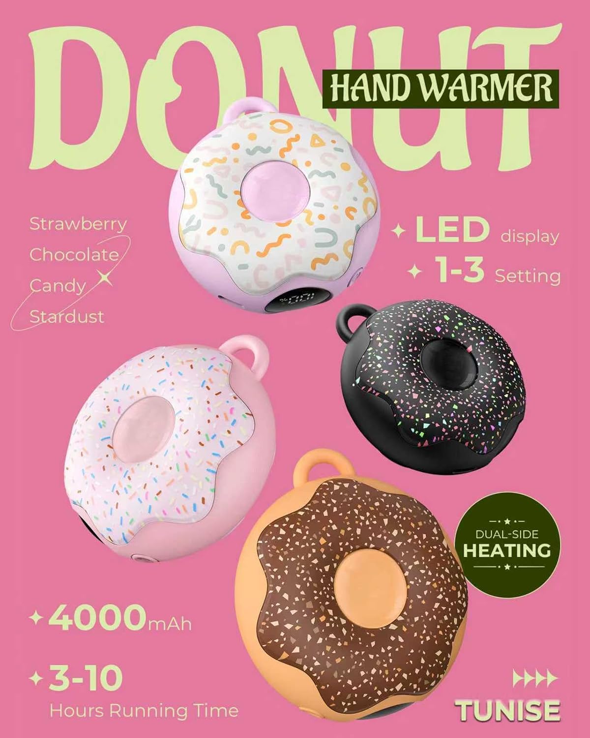Hand Warmer Rechargeable, TUNISE Portable Heater, 3 Heat Settings, 4000mAh Reusable Portable Pocket Heater,Double-Sided Hot Hands for Raynaud's, Golf,Hunting, Stocking Stuffers