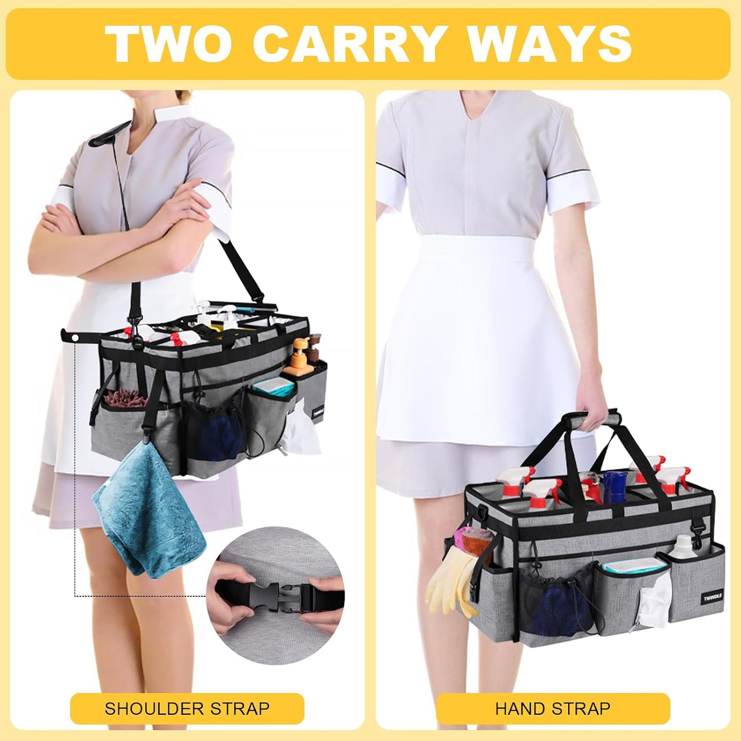 Extra Large Cleaning Caddy Bag with Built-In Support Board, Cleaning Tote Organizer with Removable Divider, Supply Carryall with Adjustable Shoulder Strap and Waist Belt for Cleaners & Housekeeper