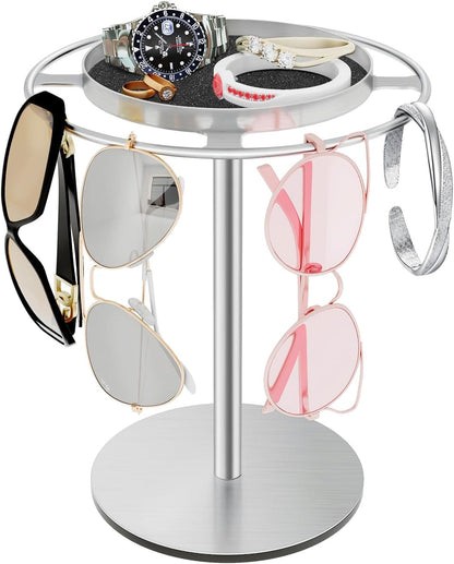 LSK Metal Sunglasses Organizer, Glasses Holder Stand with Storage Tray | Eyeglasses Holder with Anti-Slip Pads for Tabletop, Desk, Dresser, Matte Black