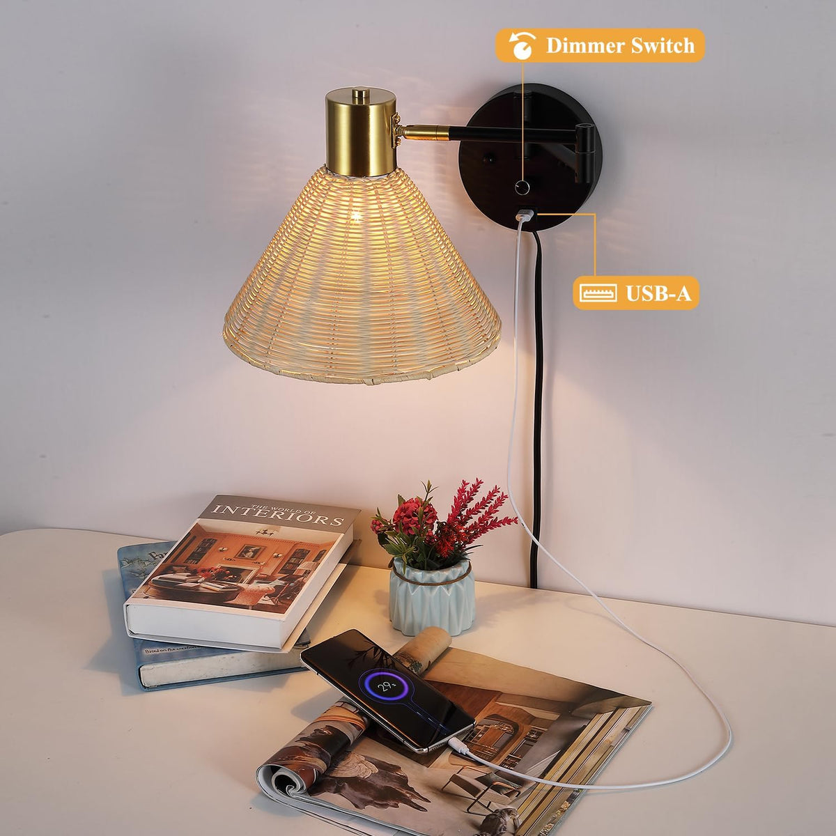 Wall Mounted Lamp Plug in Wall Sconce with Dimmable Switch Swing Arm Wall Lamp Whire Fabric Shade with USB Port Gold Wall Sconce Suitable for Hallway Bedroom Living Room…