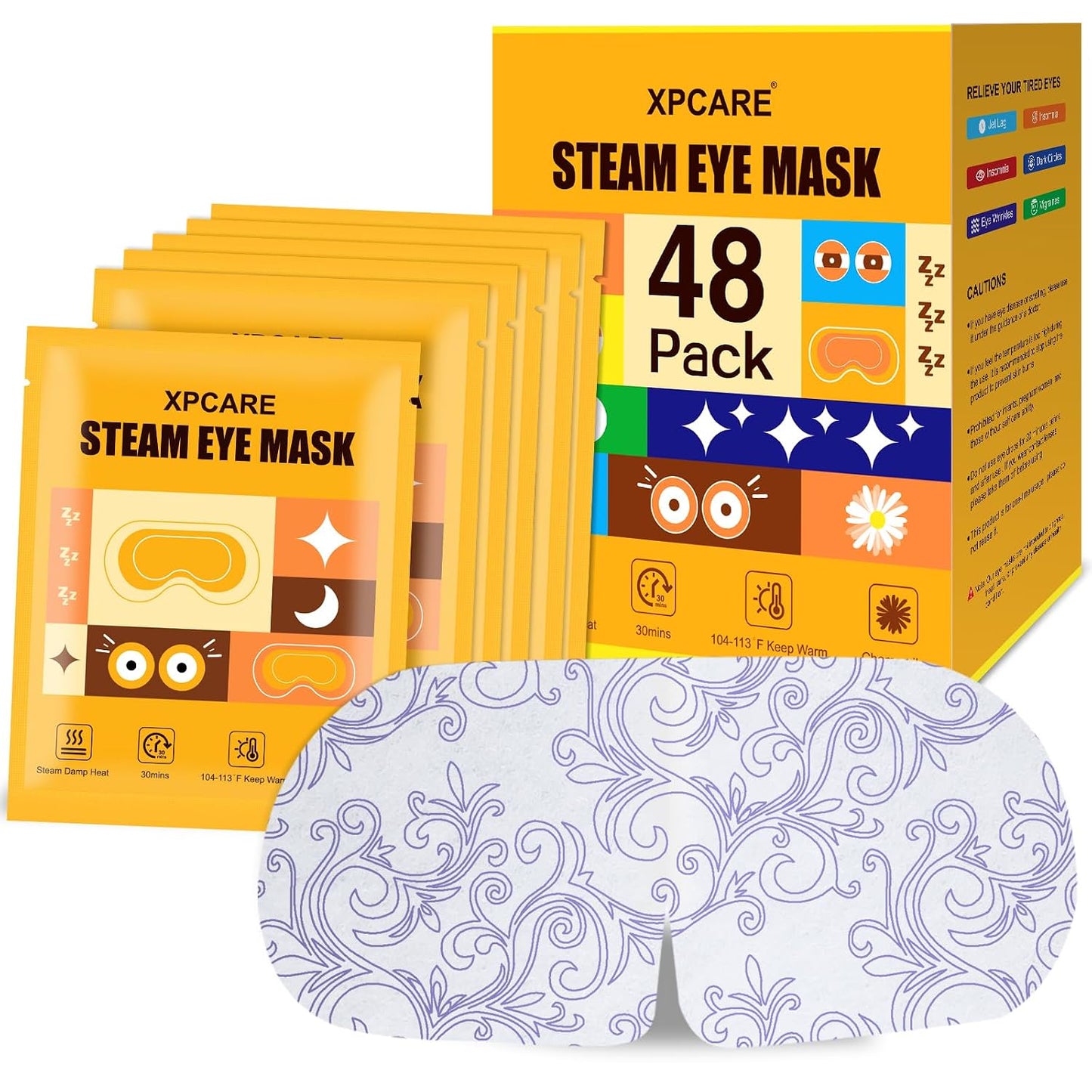 XPCARE 48 Pack Steam Eye Masks for Dry Eyes, Self Heated Steam Warm Eye Mask, Disposable Heated Eye Mask for Dark Circles, Puffy Eyes, Relief Stress Eye Fatigue (Unscented)