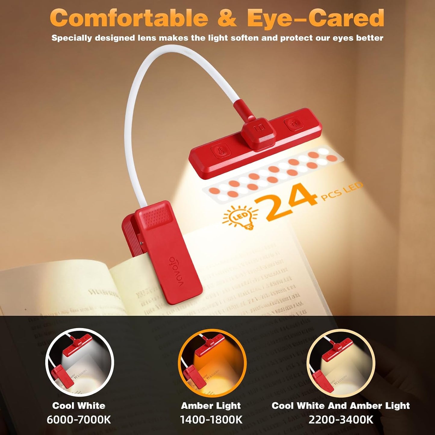 VAVOFO Rechargeable Book Light Rotatable：24 LEDs Reading Light, 3-Color & 9-Brightness Book Lamp, Eye Cared 120Hrs Runtime Lightweight Clip on Led Light for Book Lovers (Black)