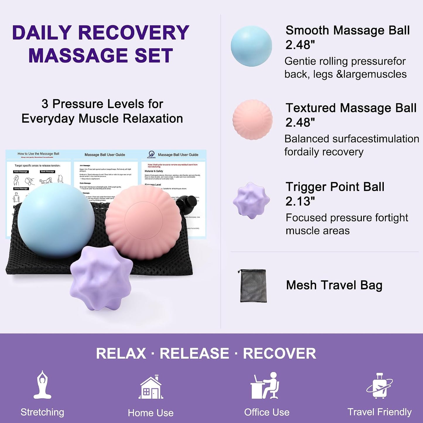 HODEMI Massage Ball Set, 3 Pack Spiky Ball, Lacrosse Ball & Peanut Massage Roller for Trigger Point Therapy, Deep Tissue Muscle Relaxation for Back, Neck, Hip, Leg & Foot with Mesh Bag