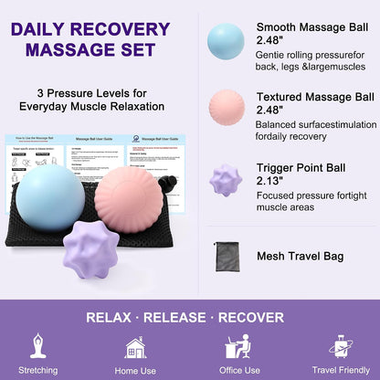 HODEMI Massage Ball Set, 3 Pack Spiky Ball, Lacrosse Ball & Peanut Massage Roller for Trigger Point Therapy, Deep Tissue Muscle Relaxation for Back, Neck, Hip, Leg & Foot with Mesh Bag
