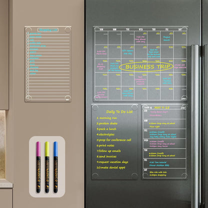 JJPRO Non-Magnetic Dry Erase Calendar for Fridge, Monthly Calendar, Weekly Planning Board Bundle for All Smooth Surfaces. Clear Reusable Calendar Stick to Fridge,Cabinet,Door&Glass