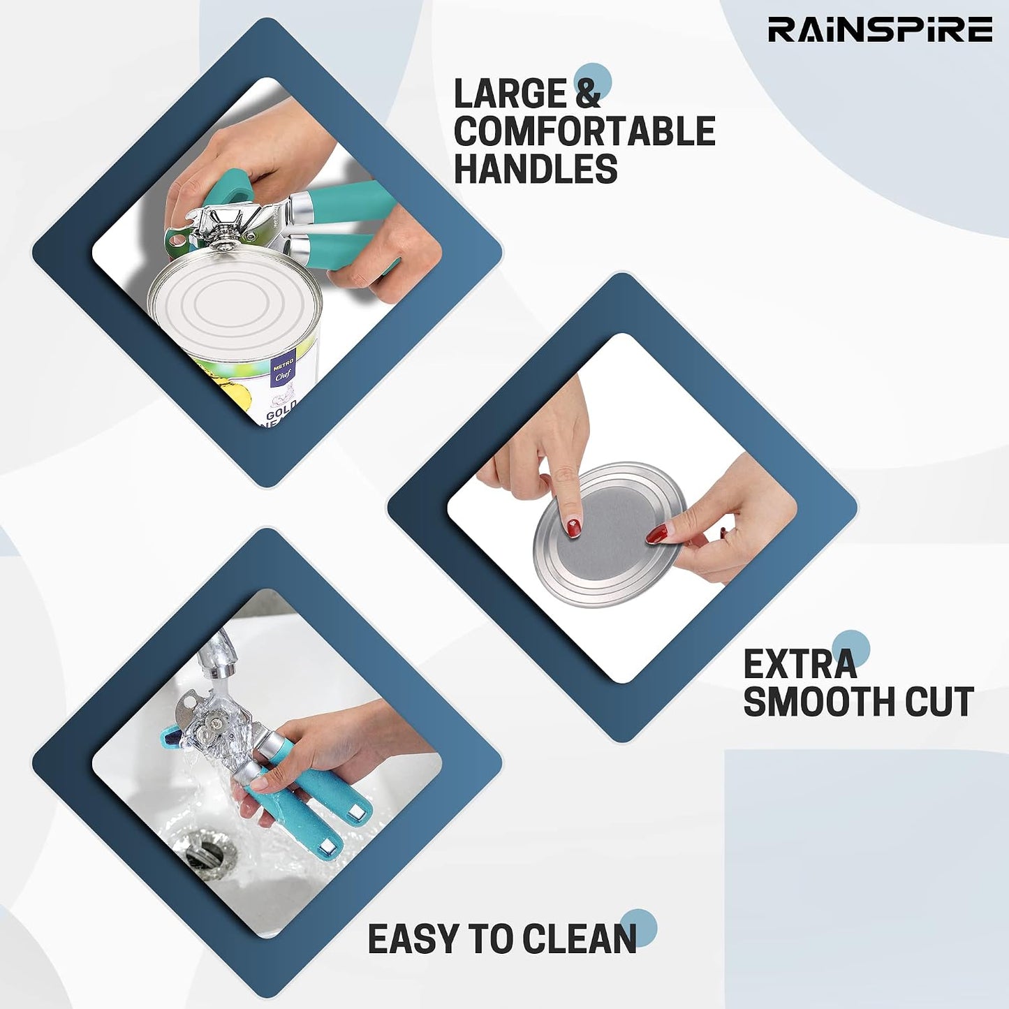 Rainspire Can Opener Manual Handheld Strong Manual Can Opener Smooth Edge Cut, Can Opener Heavy Duty, Comfortable Soft Handle, Built-in Bottle Opener, Turquoise