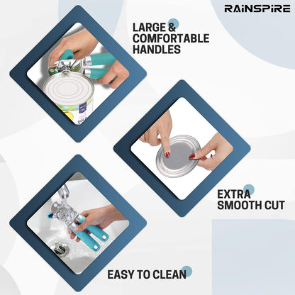 Rainspire Can Opener Manual Handheld Strong Manual Can Opener Smooth Edge Cut, Can Opener Heavy Duty, Comfortable Soft Handle, Built-in Bottle Opener, Turquoise