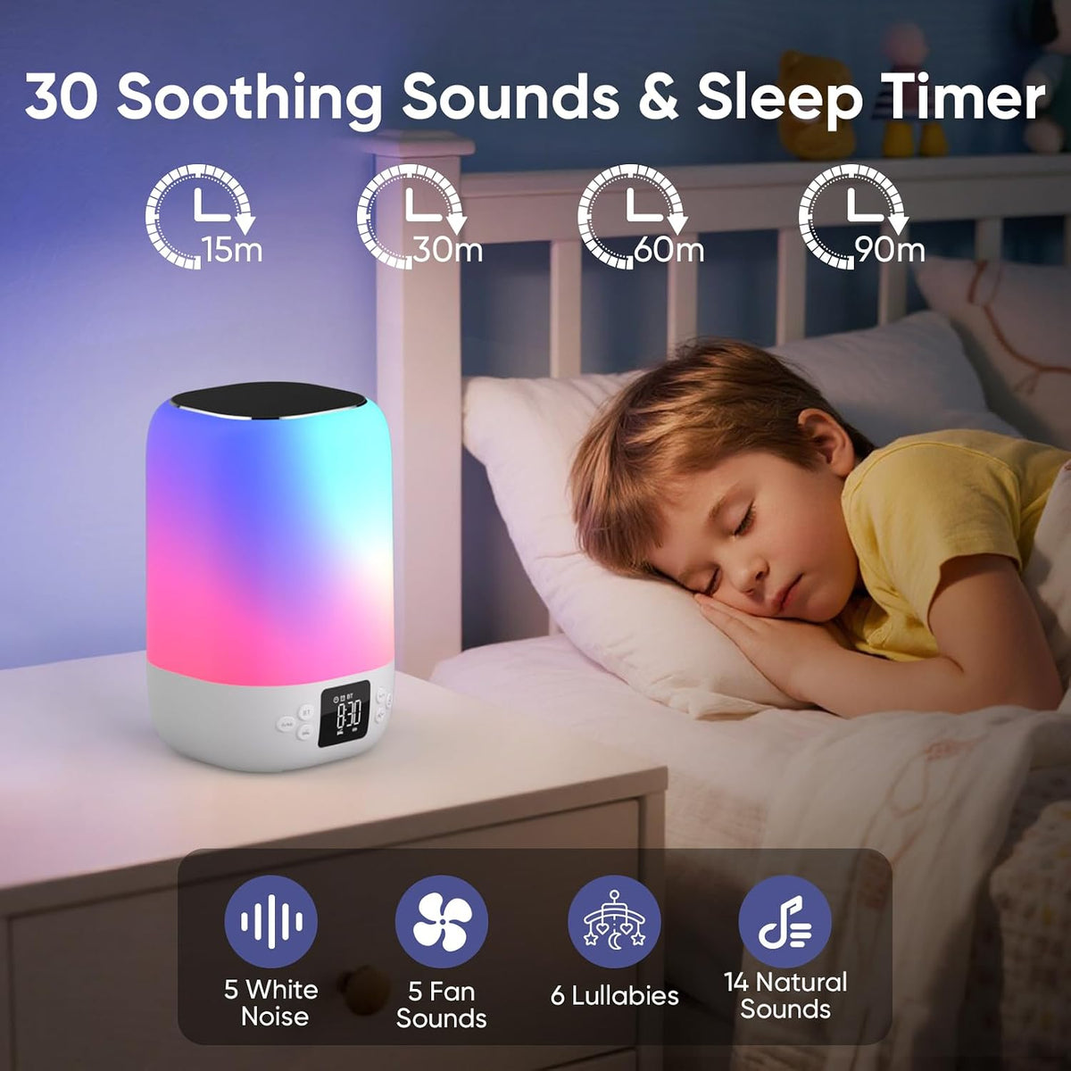 Nightlight Bluetooth Speaker Alarm Clock, Sound Machine with White Noise