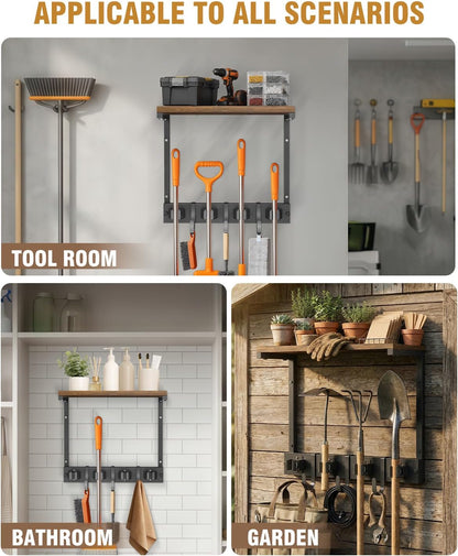 Large Broom Holder Wall Mount with Shelf, Vacuum Organizer, 5 Slots 5 Hooks | Black, 3-In-1 Wall Mount Stores Brooms/Mops/Vacuum, Cleaning Supplies With 5 Grippers/5 Hooks And A Sturdy Wooden Top Shelf