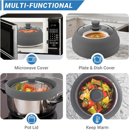 Glass Microwave Cover for Food, 10.5 Inch Collapsible Silicone Microwave Splatter Cover, Microwave Splatter Cover Glass, Microwave Food Cover for Pot Plate, Heat Resistant, BPA-Free, Dishwasher Safe