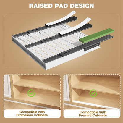 Seinloes Pull Out Cabinet Organizer, 4-Side Expandable to Fit Most Cabinets, 3 Rail Slide Out Drawers with Raising Pad for Framed & Frameless Cabinets, 13"-21" W x 17"-24" D, White, 2 Pack