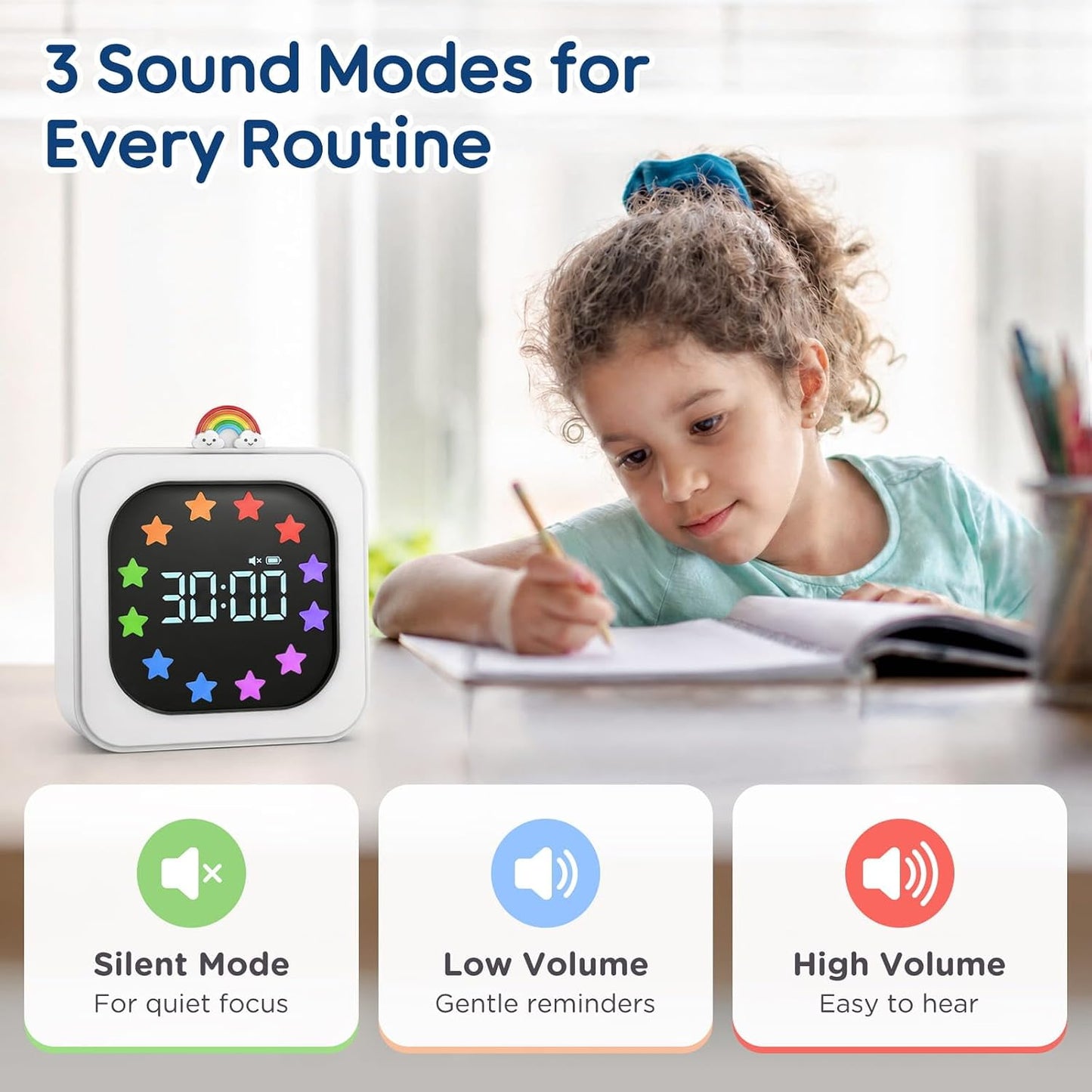 Digital Visual Timer for Kids with 12-Star Rainbow Display & 9 Color Modes | 99-Minute Count-Up & Countdown Timer with Silent Mode & Pause for Classroom, Home, Kitchen, Rechargeable, White