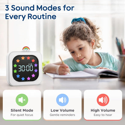 Digital Visual Timer for Kids with 12-Star Rainbow Display & 9 Color Modes | 99-Minute Count-Up & Countdown Timer with Silent Mode & Pause for Classroom, Home, Kitchen, Rechargeable, White