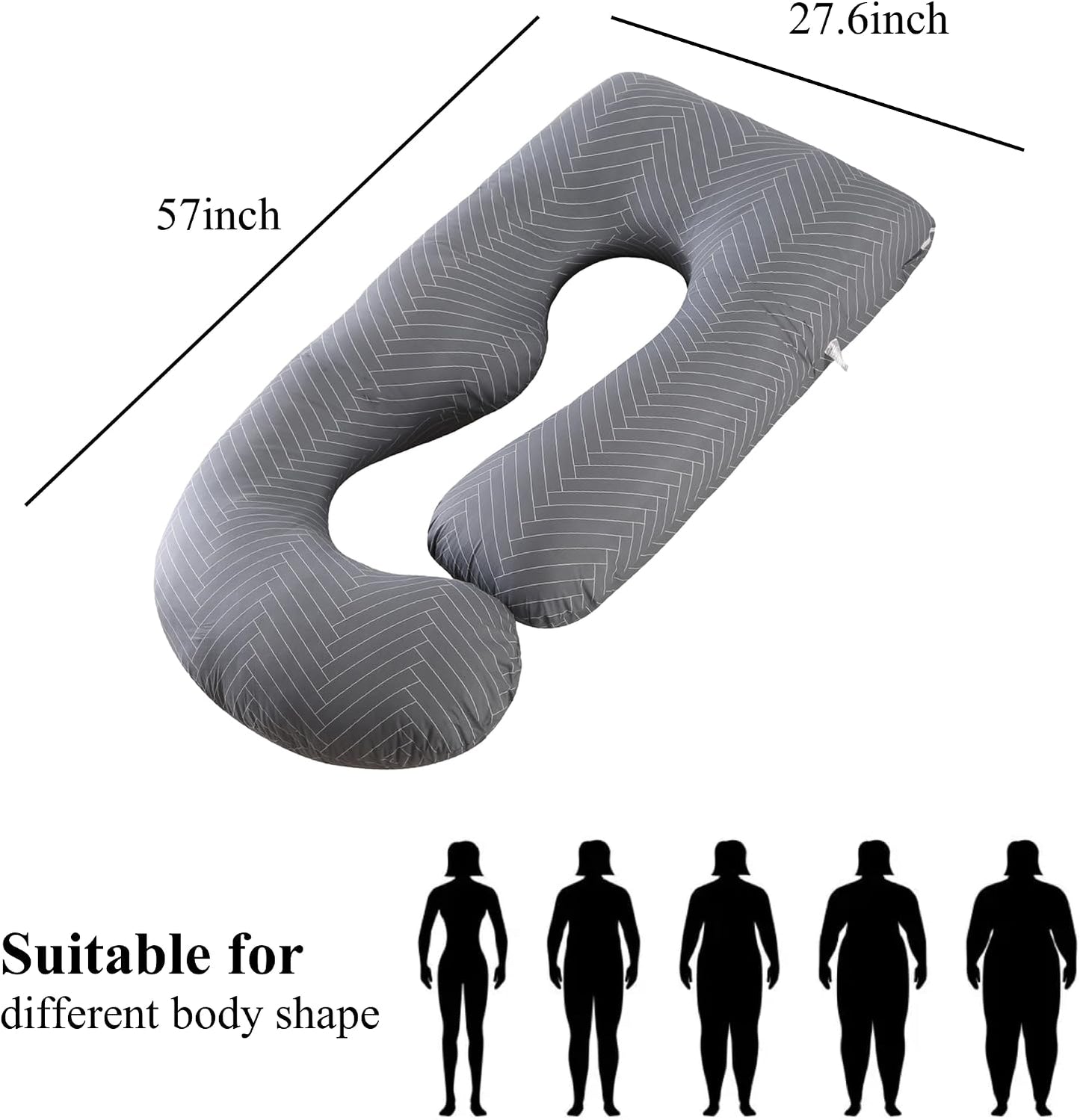 ALLOPERA Pregnancy Pillows for Sleeping, 57-Inch U-Shaped Full Body Maternity Pillow with Adjustable Fill and Removable Washable Cover, Back, Belly, Hip and Leg Support for Pregnant Women, Black Grey