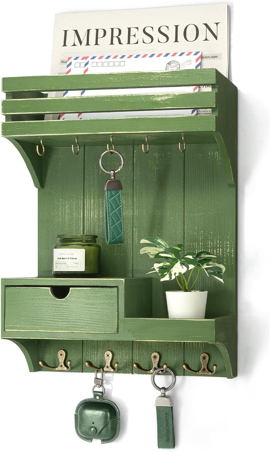 Rebee Vision Key Holder Wall Mount with Drawer Organizer for Entryway,Brown | Pine Wood, 6 Key Hooks, Display Shelf for Plants, Mail Slot for Storage Letter, Multi-Funtional Design, Home Storage