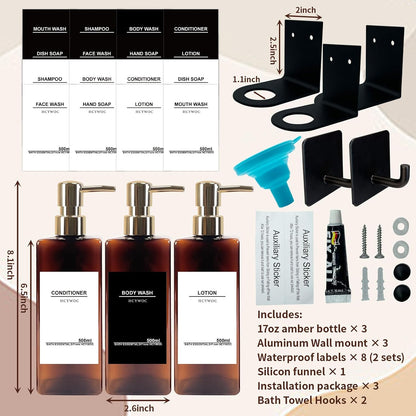 Shampoo Dispenser for Shower Wall, Shampoo and Conditioner Dispenser with 16 Waterproof Labels, No Drill Shower Soap Dispenser Bathroom, Shower Soap Dispenser Wall Mounted 3 Chamber, 17oz,Black | Shampoo Dispenser for Shower Wall, Shower Soap Dispenser