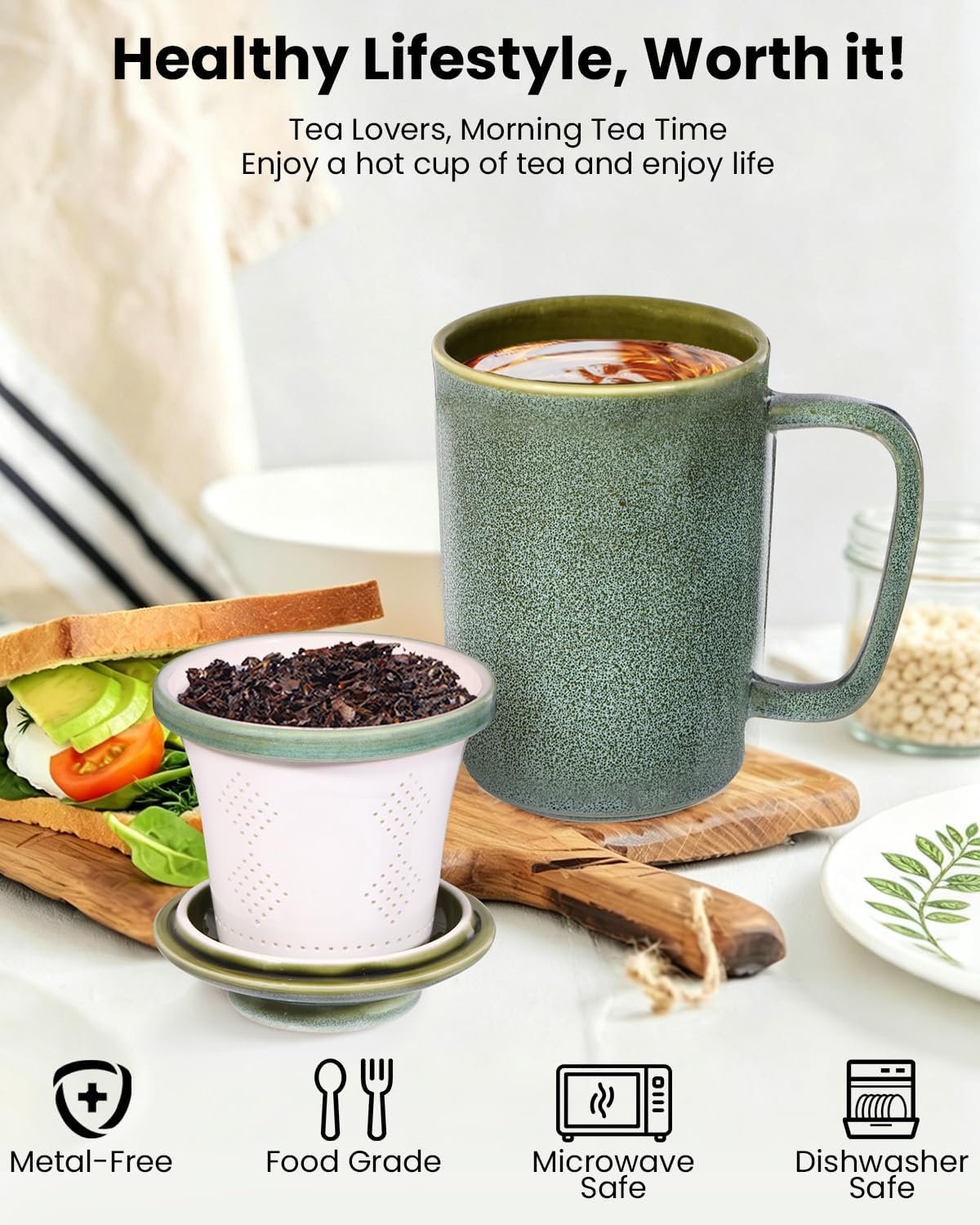 Ceramic Tea Mug with Infuser and Lid,16oz Porcelain Loose Leaf Tea Cup with Large Handle,Metal-Free Filter,Microwave &Dishwasher Safe,Perfect for Tea,Coffee (Sage Green)