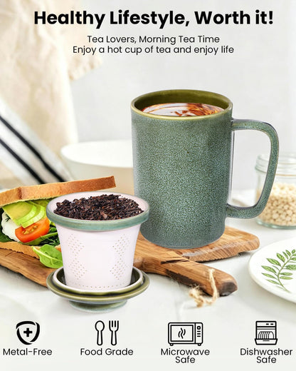Ceramic Tea Mug with Infuser and Lid,16oz Porcelain Loose Leaf Tea Cup with Large Handle,Metal-Free Filter,Microwave &Dishwasher Safe,Perfect for Tea,Coffee (Sage Green)