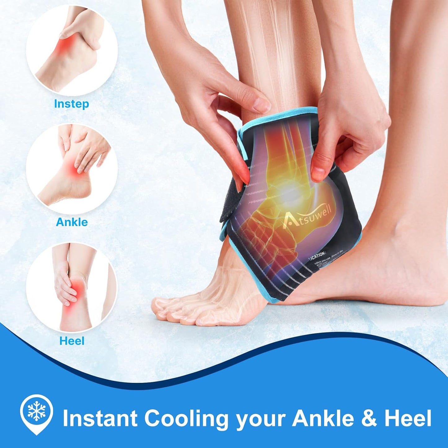 Atsuwell Ankle Ice Pack Wrap 2 Packs for Swelling & Spraine Relief, Black | Ease Plantar Fasciitis & Achilles tendonitis, Flexible Gel Wrap, Soft Plush Inner, Hands-Free Strap for Post-Surgery Recovery
