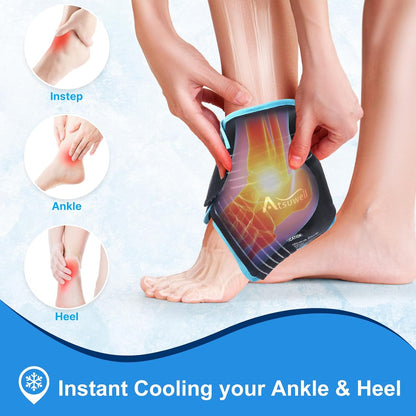 Atsuwell Ankle Ice Pack Wrap 2 Packs for Swelling & Spraine Relief, Black | Ease Plantar Fasciitis & Achilles tendonitis, Flexible Gel Wrap, Soft Plush Inner, Hands-Free Strap for Post-Surgery Recovery