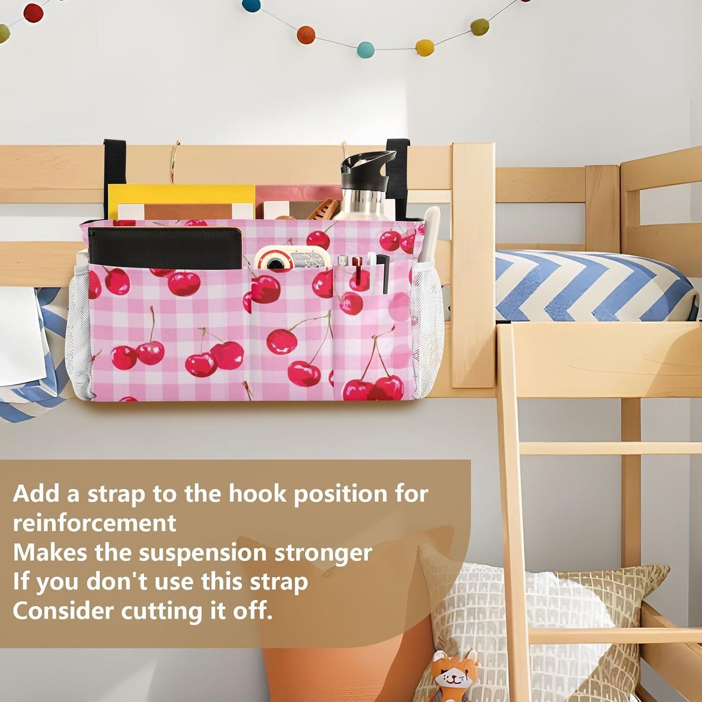 Bedside Caddy Hanging Bunk Bed Caddy Bed Organizer Hanging Pocket with 2 Hooks Bedside Storage Organizer Pocket Bag Holder Checkered Light Green - Colors B