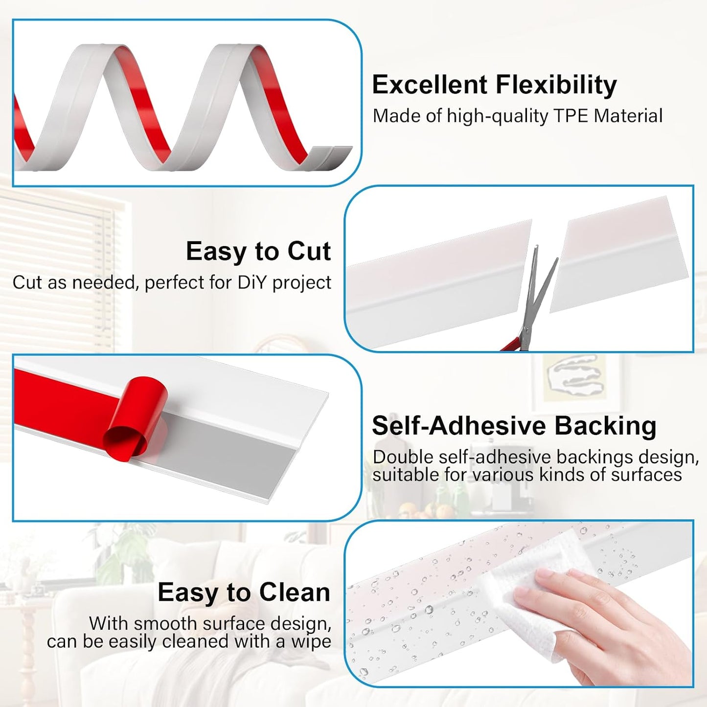Door Weather Stripping, Silicone Door Seal Strip Sealing Tape, Door Draft Stopper Adhesive Seal Tape for Doors Windows &Shower Glass Door Gaps (Thickness Upgrade)