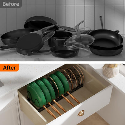 MUDEELA Expandable Pot Pan Lid Organizers inside Cabinet, 10 Divider-Black | Expandable 11.8–22.9", 10 Adjustable Divider, Tool-Free Assembly, Non-Slip, Scratch-Proof, For Pan Lid Cutting Board Bakeware
