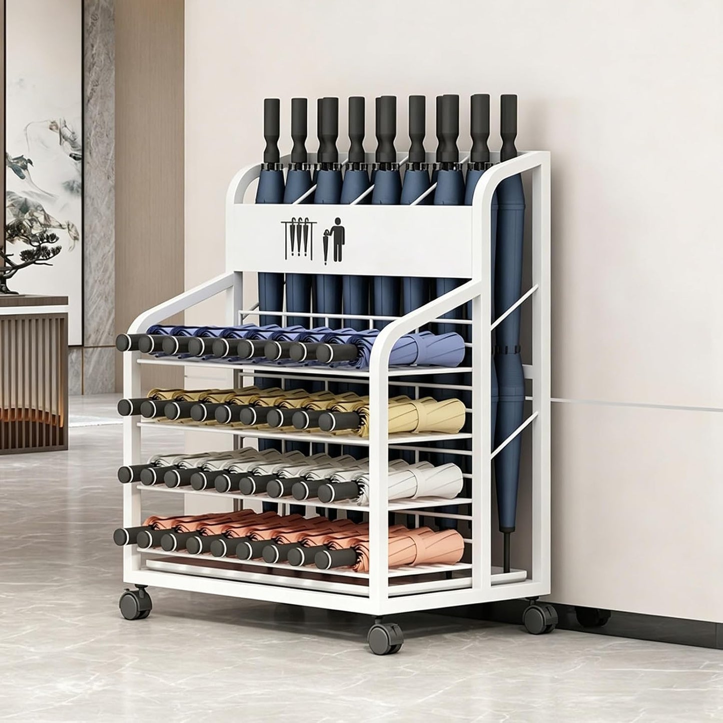 Umbrella Stand with Dual-Tier Partition, Umbrella Holder for Entryway with Drip Tray & Wheels, Thickened Iron Storage Rack for Long/Folding Cane(Black,Small)
