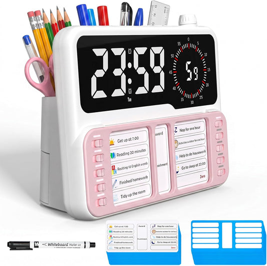 7-in-1 Visual ADHD Timer for Kids with Chore Chart Board, ADHD Tools Schedule for Kids with Autism, Alarm, Countdown, Date, Temperature, Storage, Daily Checklist for Home/School/Classroom/Desk(Pink)