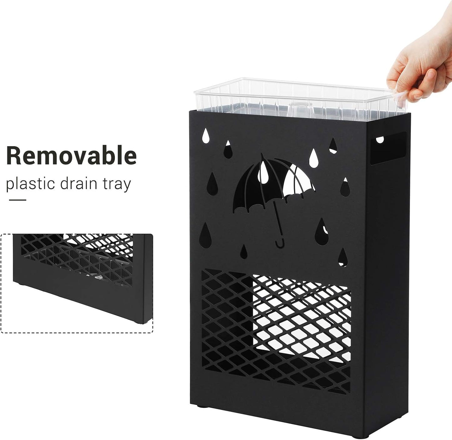 SONGMICS Metal Umbrella Stand, Rectangular, Removable Drip Tray, 4 Hooks | Umbrella Holder Rack, Cutout Design, for Entryway, Office, Matte Black, PATSY Collection ULUC03BK